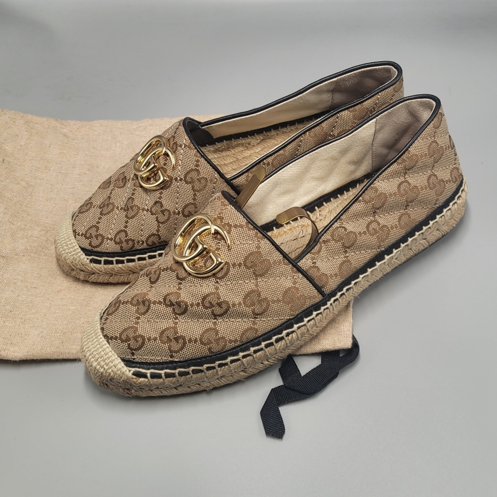 Gucci 621239 Canvas Pilar Double G Raffia Monogram Espadrille EU 38 1/2 Women 8